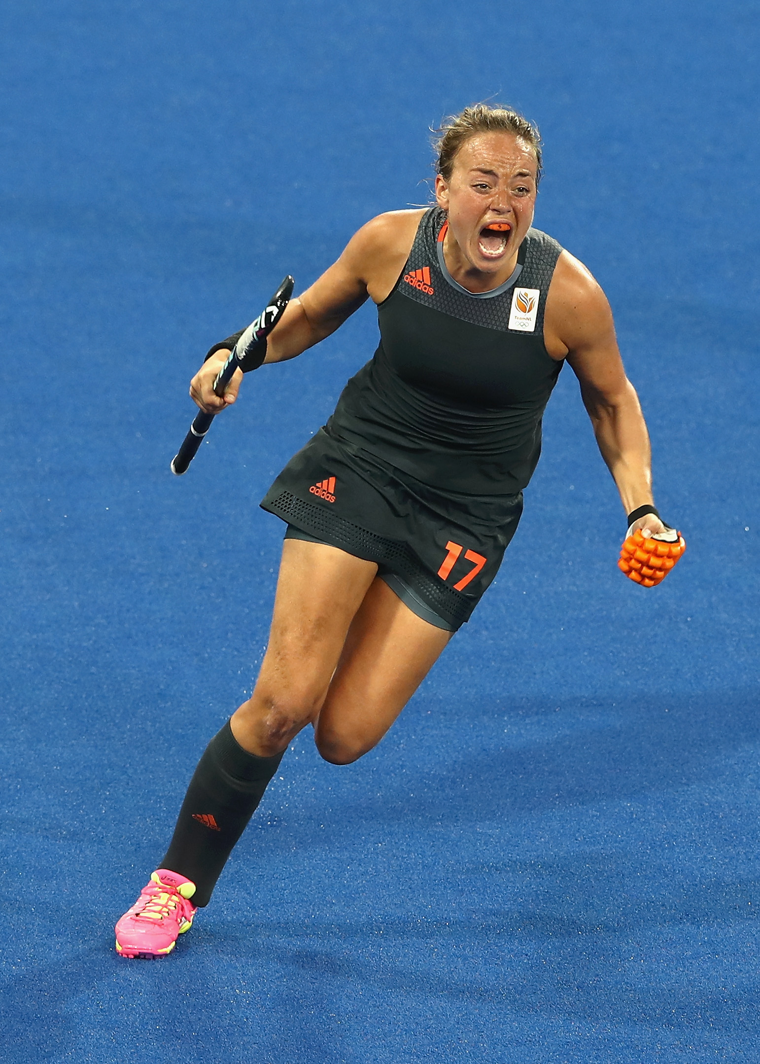 RIO DE JANEIRO, BRAZIL - AUGUST 19: Maartje Paumen of Netherlands celebrates scoring her sides third goal during the Women's Gold Medal Match against the Netherlands on Day 14 of the Rio 2016 Olympic Games at the Olympic Hockey Centre on August 19, 2016 in Rio de Janeiro, Brazil. (Photo by Mark Kolbe/Getty Images)