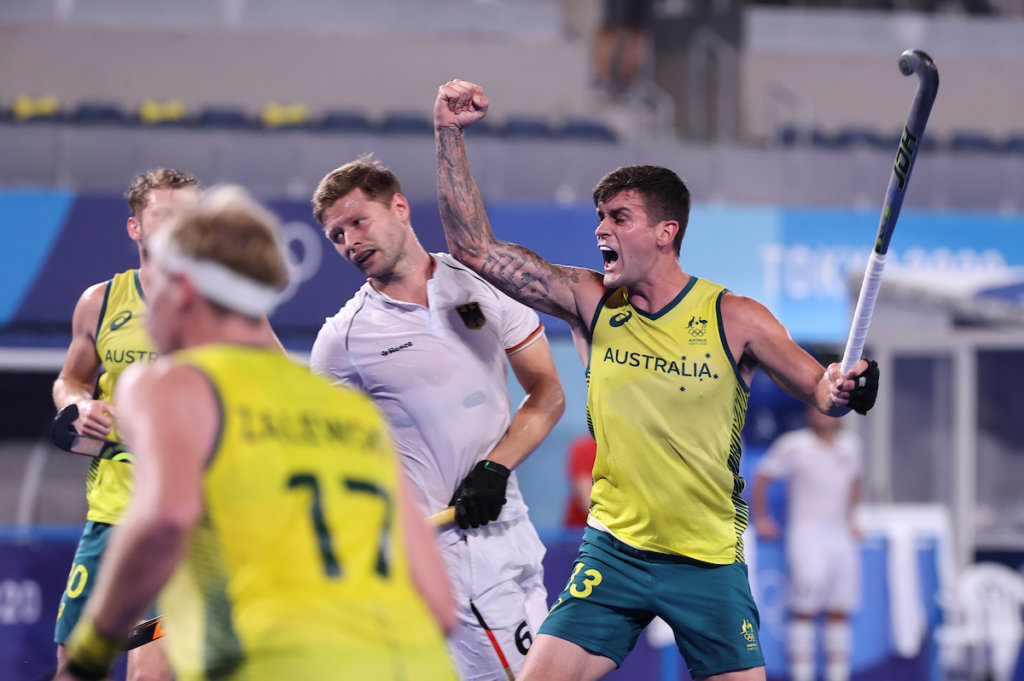 Blake Govers celebrates his goal that sets up an Olympic final against the world No.2 Belgium