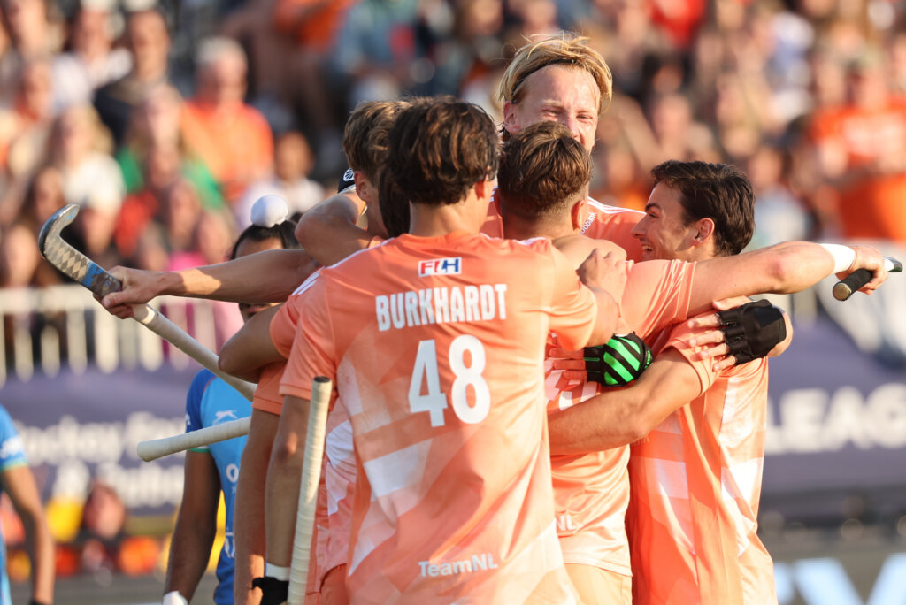 Joy after a hit by the Oranje Heren against India during the Pro League in Eindhoven. Photo: William Vernes